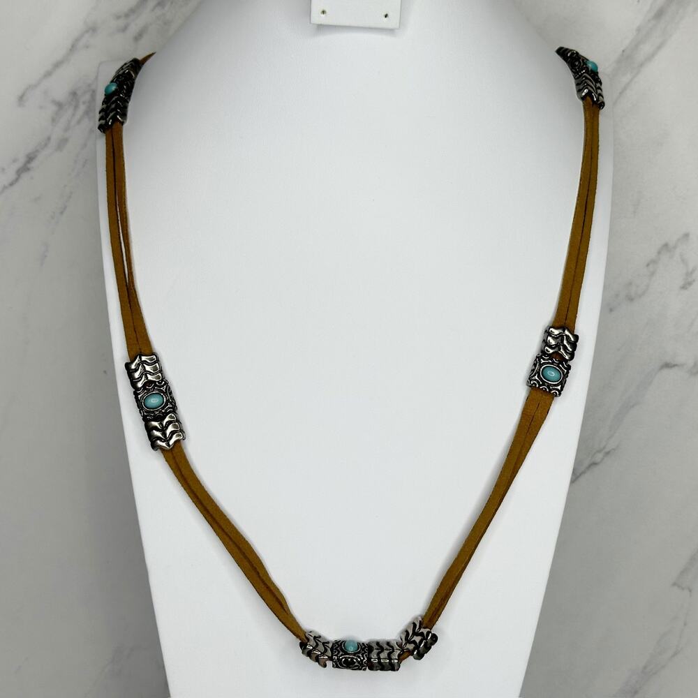 Sarah Brown Cord and Silver Tone Faux Turquoise Concho Boho Necklace